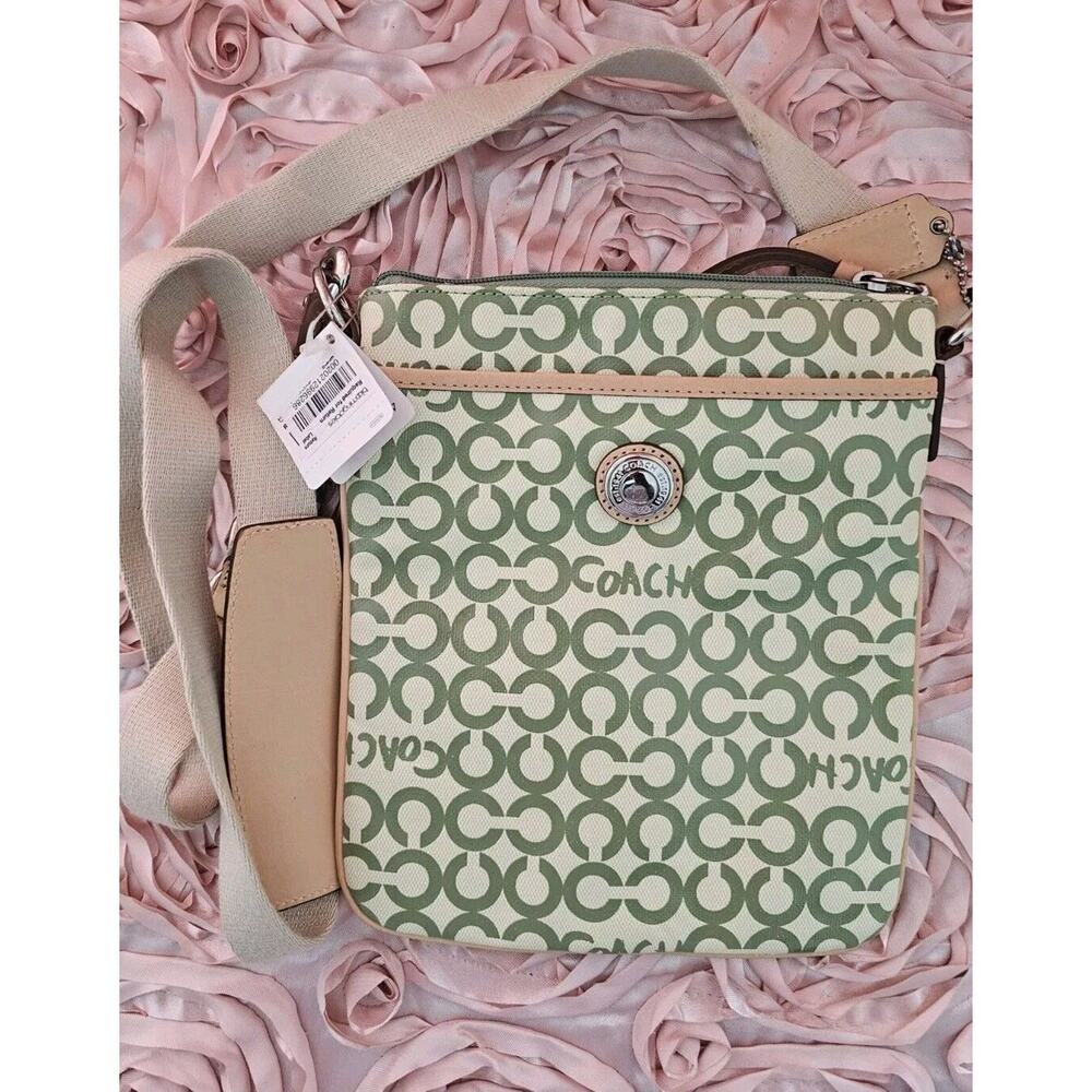Coach Signature Crossbody Bag Womens Green White Leather Leah Op Art Swingpack